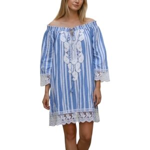 Magic Blue and White Striped Embroidered Off Shoulder Mini Dress L